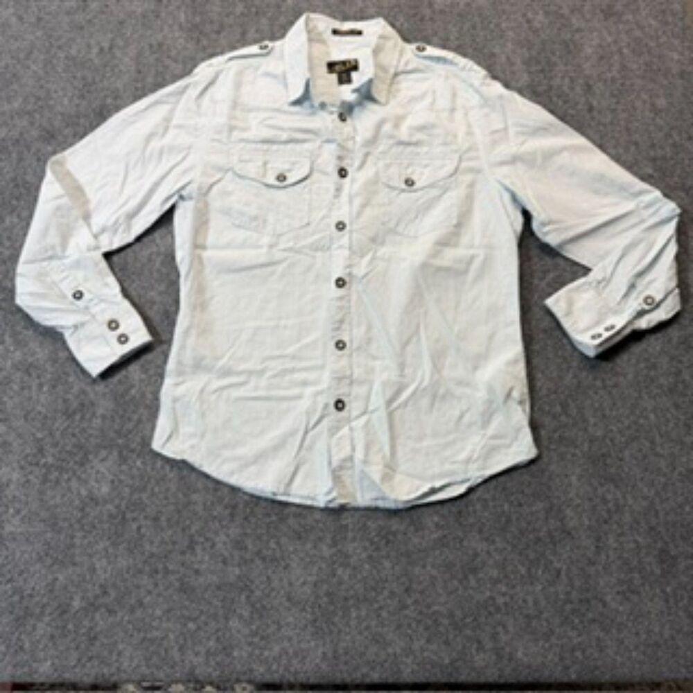 Helix Athletic Fit Mens M Blue Stripe Military Button Up Shirt Epaulets Cotton